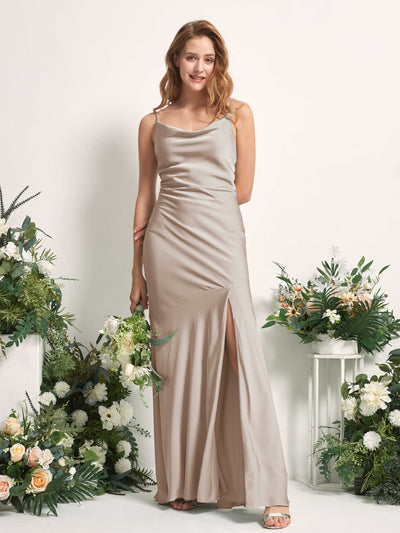Carlyna Miranda Mermaid Taupe Satin Bridesmaid Dress Maxi Sleeveless Cowl Neck Dress #color_taupe