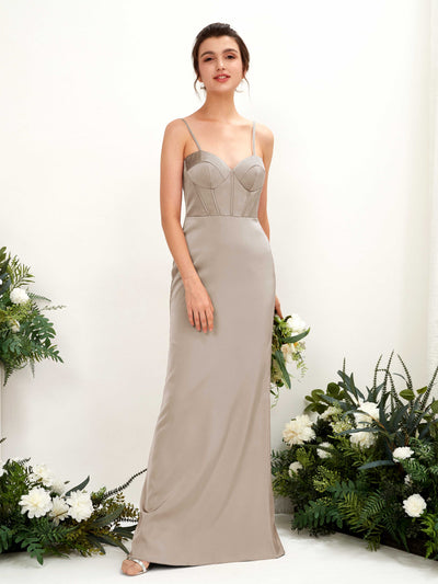 Carlyna Cathy Mermaid Taupe Satin Bridesmaid Dress Maxi Sleeveless Sweetheart Dress Front View #color_taupe