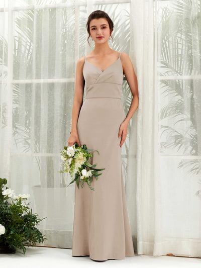 Carlyna Kama Mermaid Taupe Satin Bridesmaid Dress Maxi Sleeveless V-Neck Dress #color_taupe