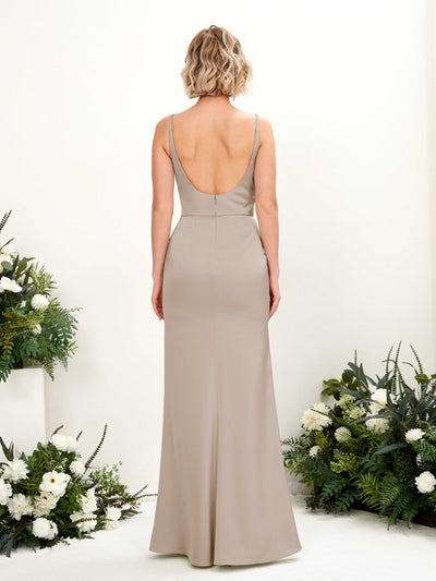 Carlyna Agatha Mermaid Taupe Satin Bridesmaid Dress Maxi Sleeveless V-Neck Dress Back View #color_taupe
