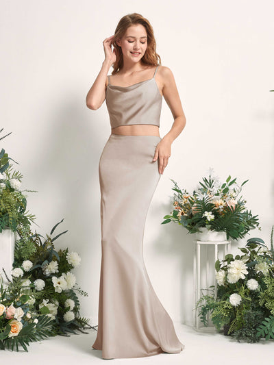 Carlyna Felicity Two-Piece Taupe Satin Bridesmaid Dress Maxi Sleeveless Cowl Neck Dress Front View #color_taupe