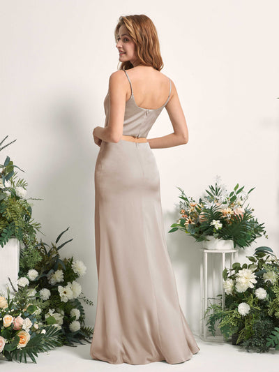 Carlyna Felicity Two-Piece Taupe Satin Bridesmaid Dress Maxi Sleeveless Cowl Neck Dress Back View #color_taupe