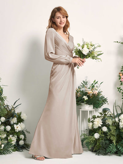 Carlyna Taylor Mermaid Taupe Satin Bridesmaid Dress Maxi Long Sleeve V-Neck  #color_taupe