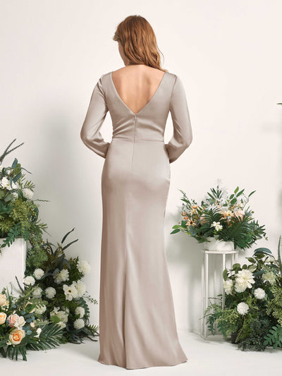 Carlyna Taylor Mermaid Taupe Satin Bridesmaid Dress Maxi Long Sleeve V-Neck  #color_taupe