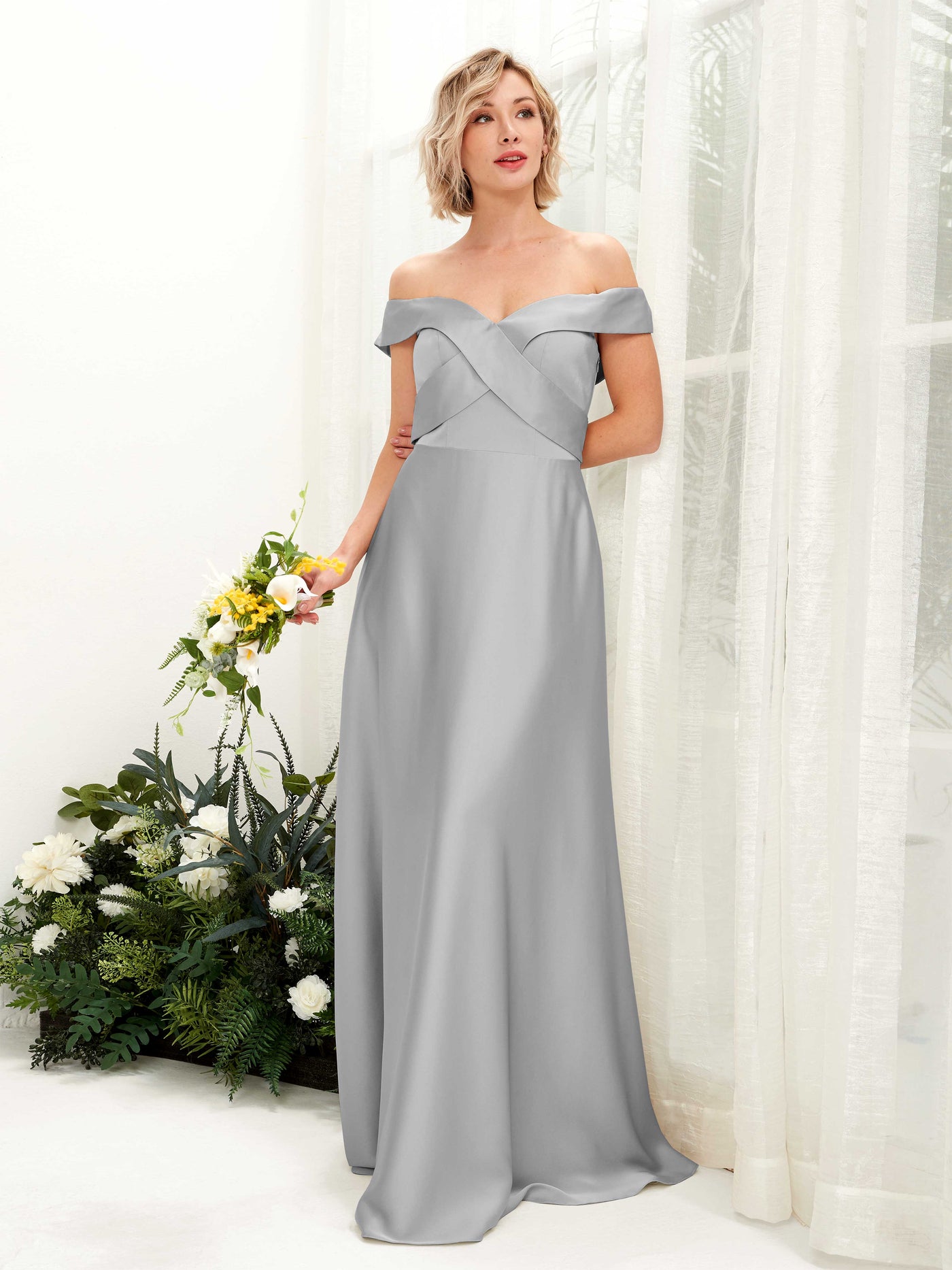A-line Ball Gown Off Shoulder Sweetheart Satin Bridesmaid Dress - Dove (80224211)#color_dove