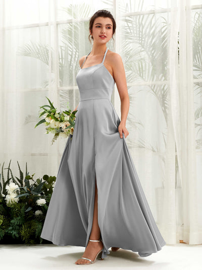 Carlyna Jocelyn A-Line Dove Satin Bridesmaid Dress Maxi Sleeveless Halter Dress #color_dove