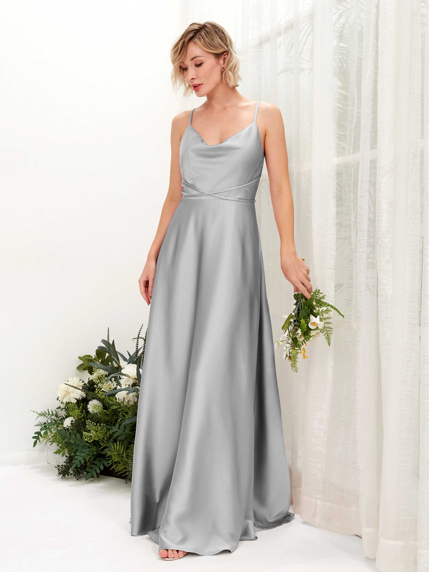 A-line Straps Sleeveless Satin Bridesmaid Dress - Dove (80223111)#color_dove