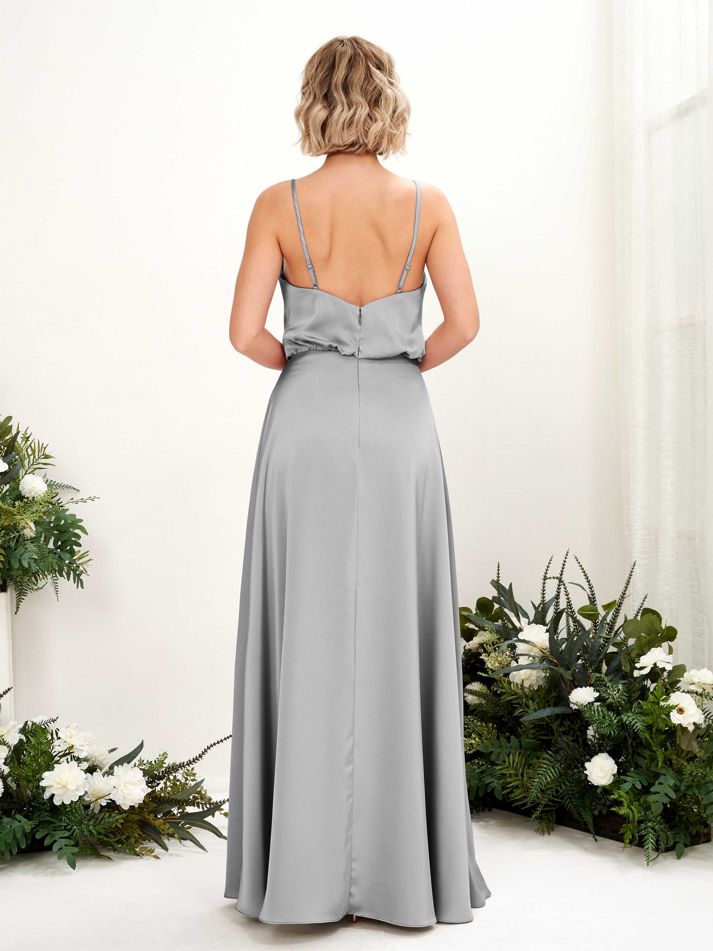 A-line Spaghetti-straps V-neck Satin Bridesmaid Dress - Dove (80224511)#color_dove