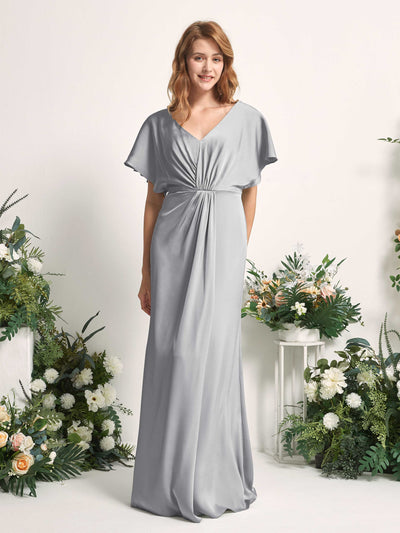 Carlyna Bailey A-Line Dove Satin Bridesmaid Dress Maxi Cap Sleeve V-Neck Dress Front View #color_dove