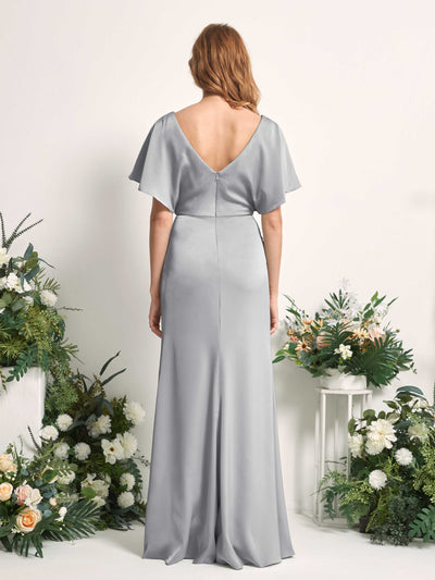 Carlyna Bailey A-Line Dove Satin Bridesmaid Dress Maxi Cap Sleeve V-Neck Dress Back View #color_dove