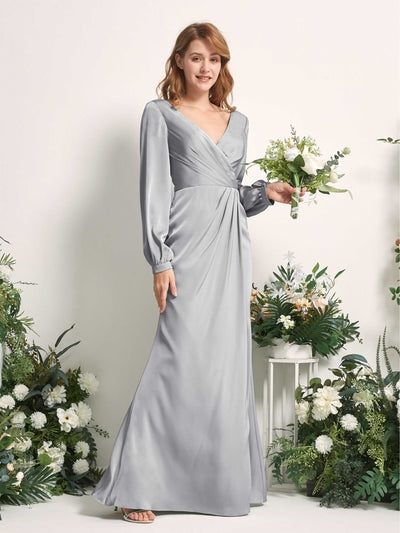Carlyna Taylor Mermaid Dove Satin Bridesmaid Dress Maxi Long Sleeve V-Neck  #color_dove