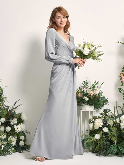Carlyna Taylor Mermaid Dove Satin Bridesmaid Dress Maxi Long Sleeve V-Neck  #color_dove