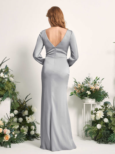 Carlyna Taylor Mermaid Dove Satin Bridesmaid Dress Maxi Long Sleeve V-Neck  #color_dove