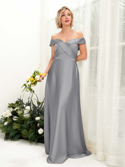 Carlyna Chloe A-Line Steel Gray Satin Bridesmaid Dress Maxi Sleeveless Sweetheart Dress Front View #color_steel-gray