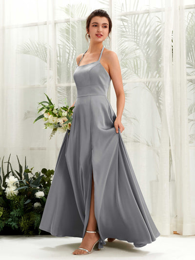 Carlyna Jocelyn A-Line Steel Gray Satin Bridesmaid Dress Maxi Sleeveless Halter Dress #color_steel-gray