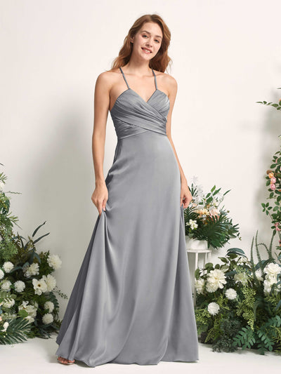 Carlyna Allison A-Line Steel Gray Satin Bridesmaid Dress Maxi Sleeveless V-Neck Dress Side View 2 #color_steel-gray