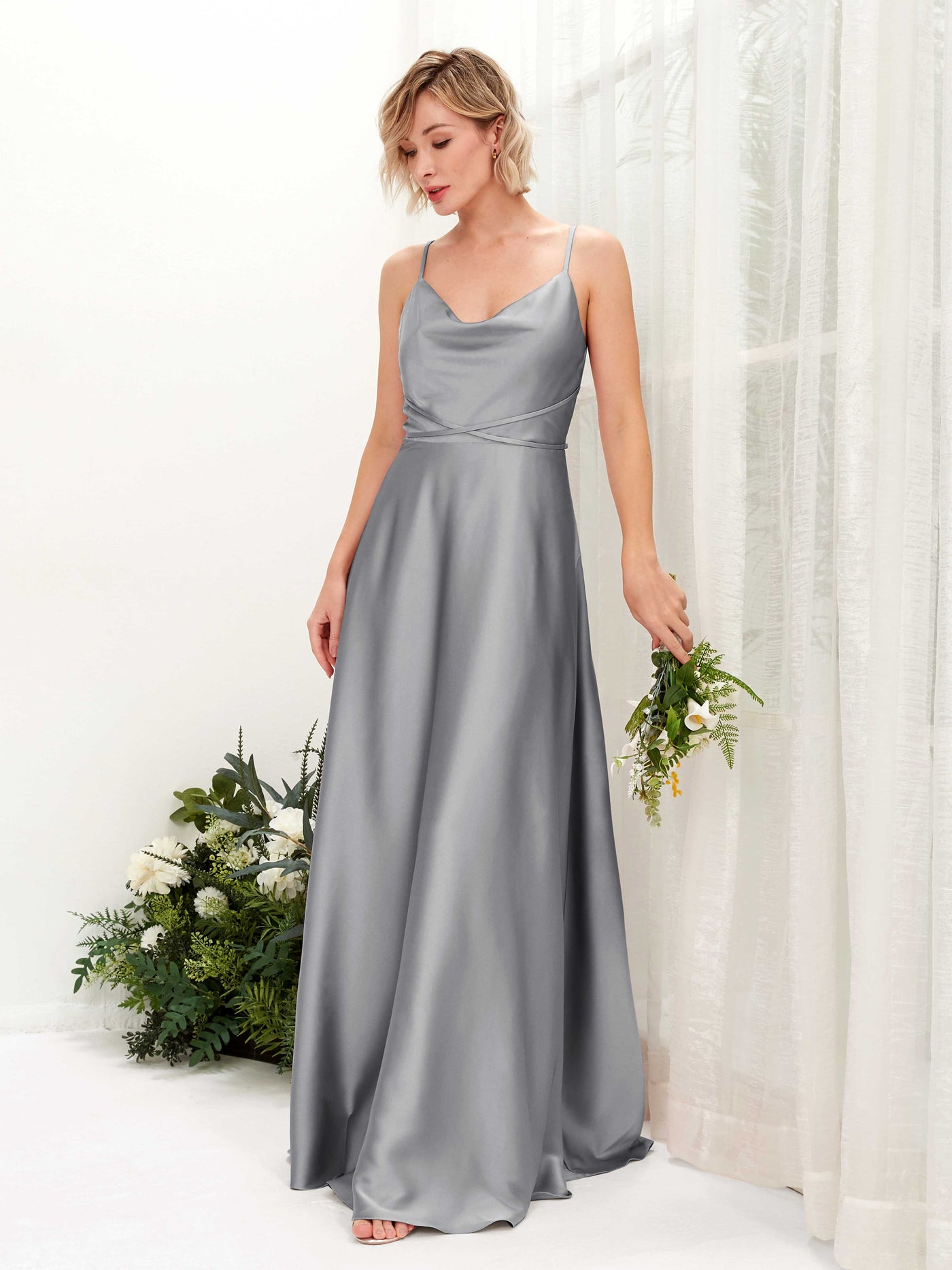 A-line Straps Sleeveless Satin Bridesmaid Dress - Steel Gray (80223107)#color_steel-gray