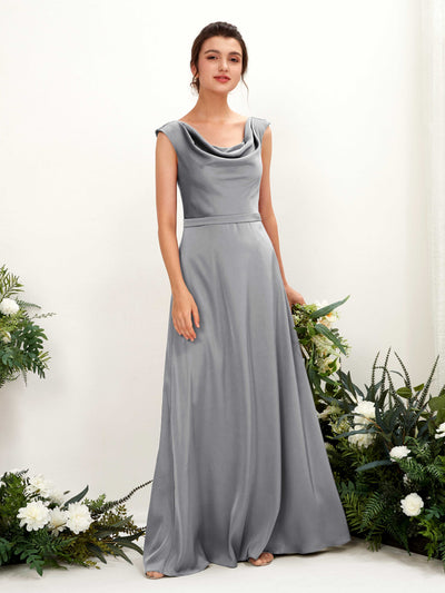 Carlyna Irma A-Line Steel Gray Satin Bridesmaid Dress Maxi Sleeveless Cowl Neck Dress Front View #color_steel-gray