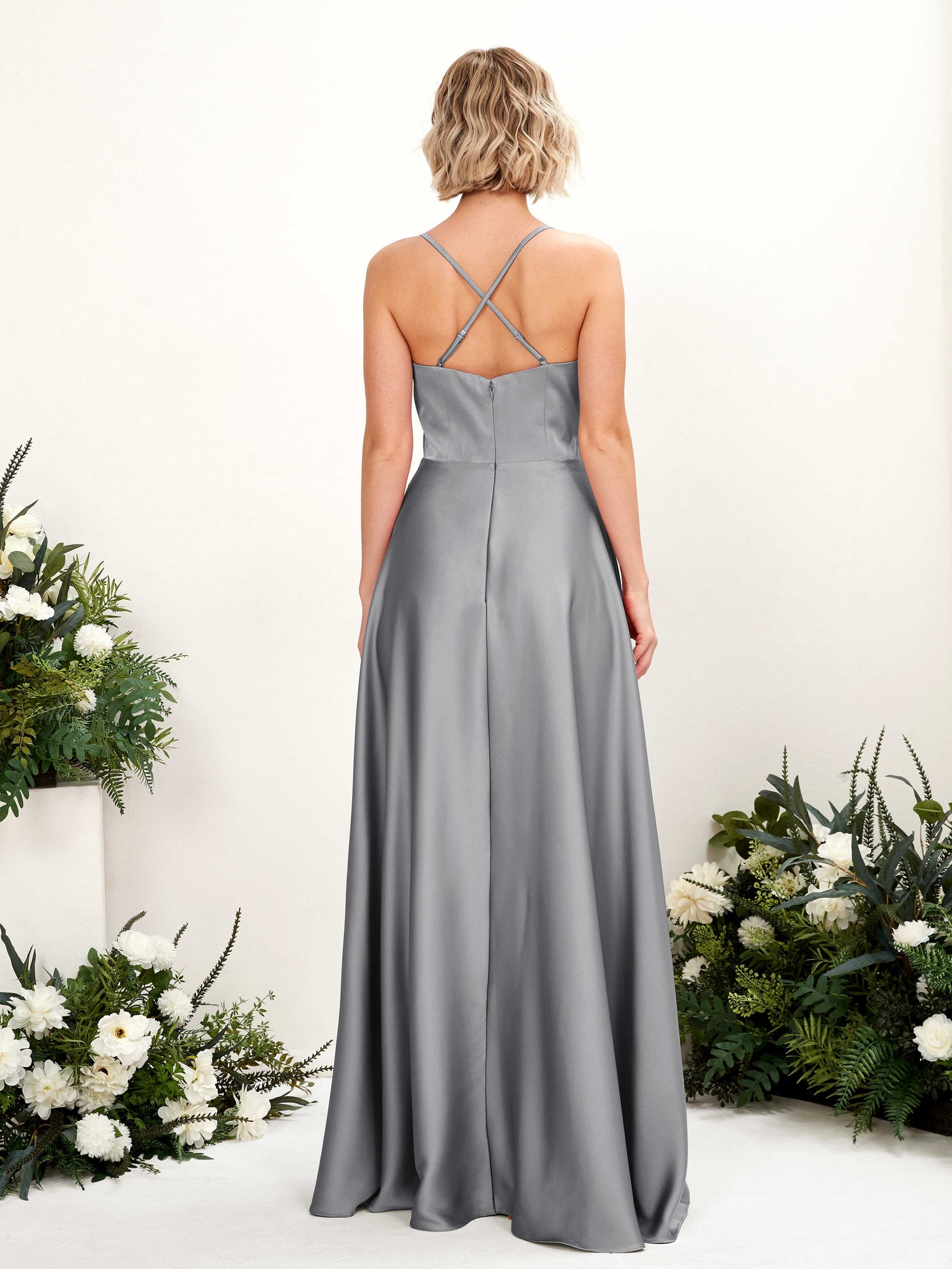 A-line Straps V-neck Satin Bridesmaid Dress - Steel Gray (80224807)#color_steel-gray