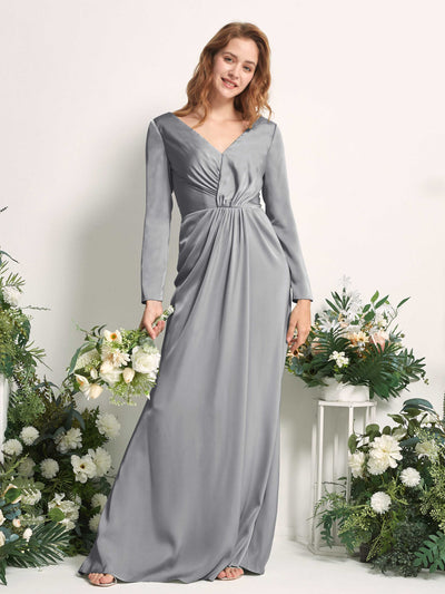 Carlyna Alicia Mermaid Steel Gray Satin Bridesmaid Dress Maxi Long Sleeve V-Neck Front View #color_steel-gray