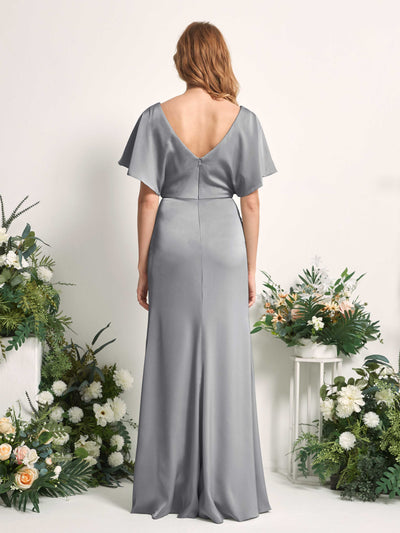 Carlyna Bailey A-Line Steel Gray Satin Bridesmaid Dress Maxi Cap Sleeve V-Neck Dress Back View #color_steel-gray