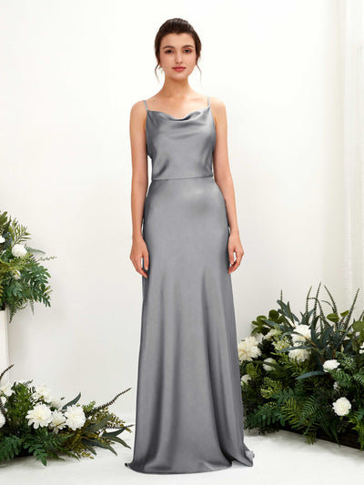 Carlyna Flora A-Line Steel Gray Satin Bridesmaid Dress Maxi Sleeveless Cowl Neck Dress Front View #color_steel-gray