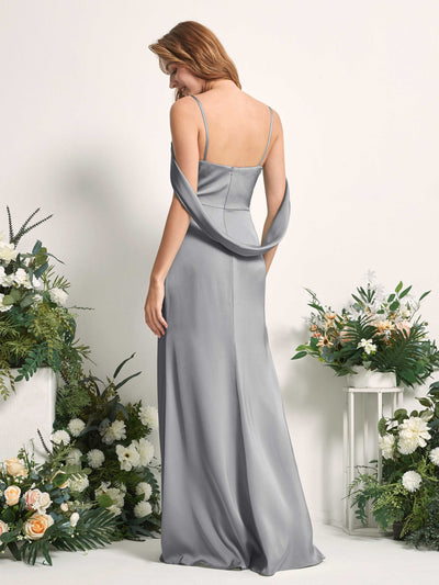 Carlyna Freya Mermaid Steel Gray Satin Bridesmaid Dress Maxi Sleeveless V-Neck Dress Back View #color_steel-gray
