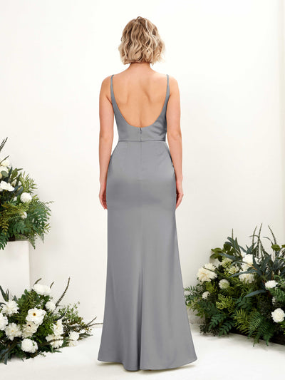 Carlyna Agatha Mermaid Steel Gray Satin Bridesmaid Dress Maxi Sleeveless V-Neck Dress Back View #color_steel-gray