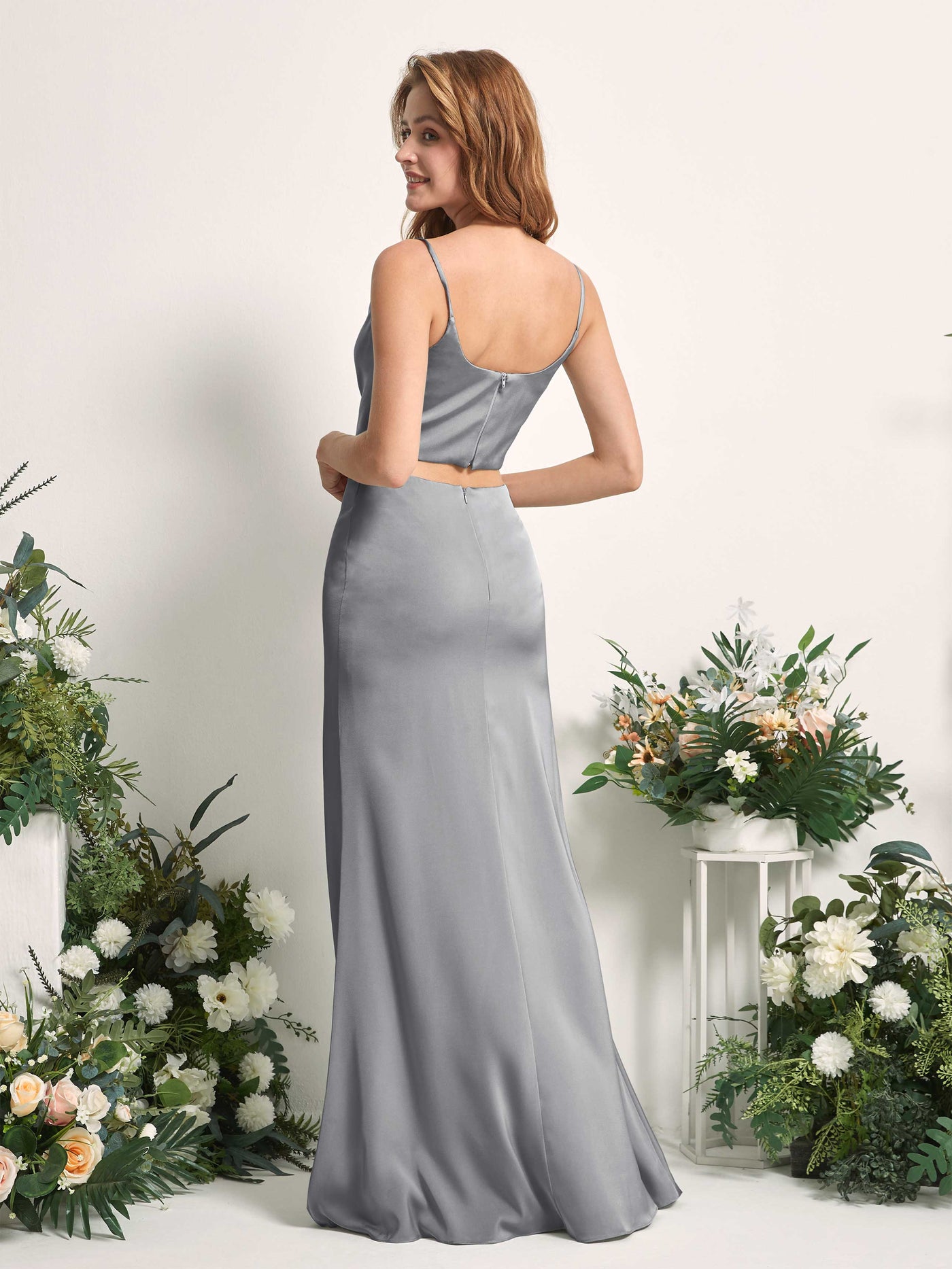 Dusty Blue Satin Two-Piece Bridesmaid Dress Mermaid Cowl Neck Maxi Carlyna UK 99.00 Dusty Blue Satin Two-Piece Bridesmaid Dress Mermaid Cowl Neck Maxi Carlyna UK 99.00