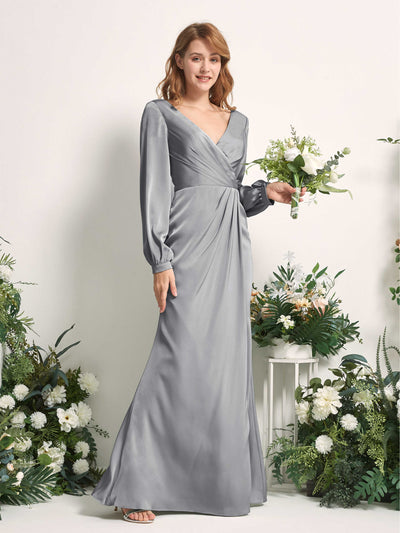 Carlyna Taylor Mermaid Steel Gray Satin Bridesmaid Dress Maxi Long Sleeve V-Neck  #color_steel-gray