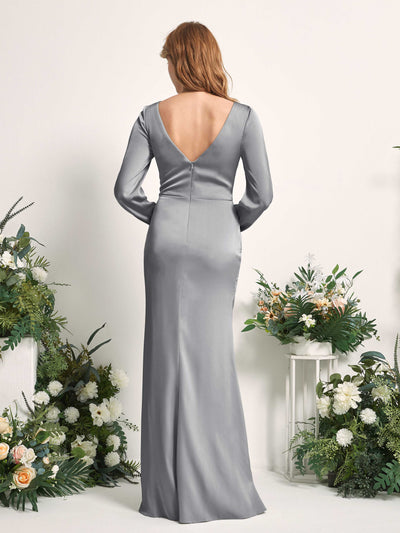 Carlyna Taylor Mermaid Steel Gray Satin Bridesmaid Dress Maxi Long Sleeve V-Neck  #color_steel-gray