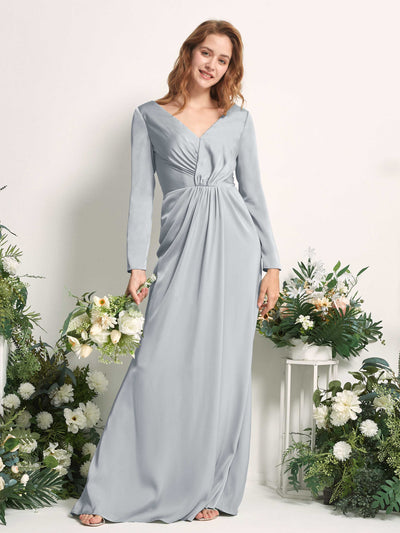 Carlyna Alicia Mermaid Baby Blue Satin Bridesmaid Dress Maxi Long Sleeve V-Neck Front View #color_baby-blue