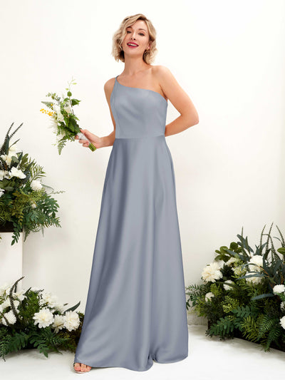 Carlyna Dinah A-Line Dusty Blue Satin Bridesmaid Dress Maxi Sleeveless One Shoulder Dress Front View #color_dusty-blue