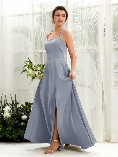 Carlyna Jocelyn A-Line Dusty Blue Satin Bridesmaid Dress Maxi Sleeveless Halter Dress #color_dusty-blue