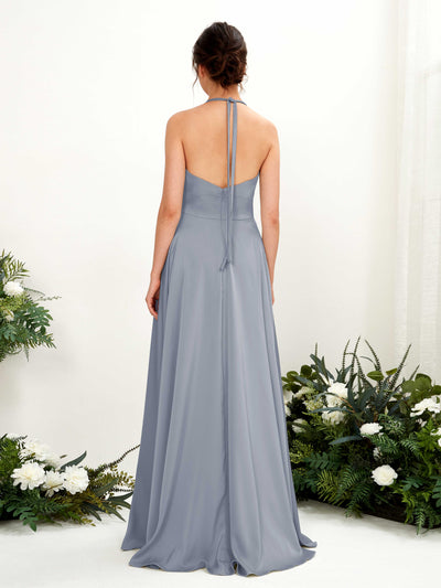 Carlyna Jocelyn A-Line Dusty Blue Satin Bridesmaid Dress Maxi Sleeveless Halter Dress #color_dusty-blue