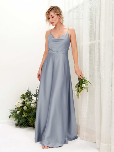 Carlyna Wallis A-Line Dusty Blue Satin Bridesmaid Dress Maxi Sleeveless Cowl Neck Dress #color_dusty-blue