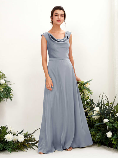 Carlyna Irma A-Line Dusty Blue Satin Bridesmaid Dress Maxi Sleeveless Cowl Neck Dress Front View #color_dusty-blue