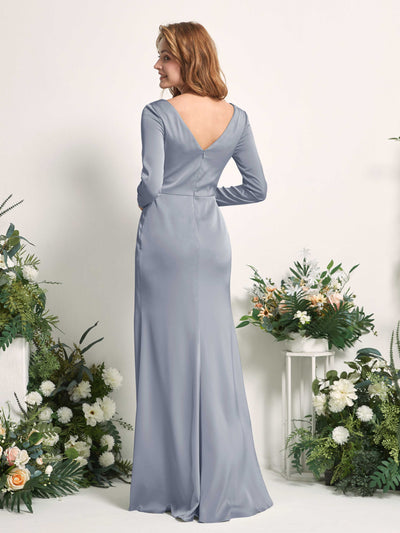 Carlyna Alicia Mermaid Dusty Blue Satin Bridesmaid Dress Maxi Long Sleeve V-Neck Back View #color_dusty-blue