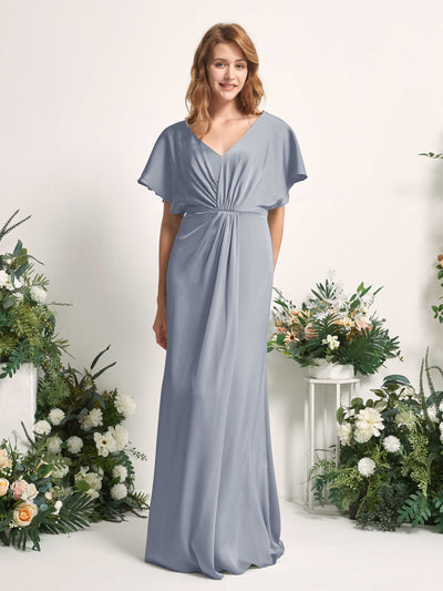 Carlyna Bailey A-Line Dusty Blue Satin Bridesmaid Dress Maxi Cap Sleeve V-Neck Dress Front View #color_dusty-blue