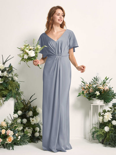 Carlyna Bailey A-Line Dusty Blue Satin Bridesmaid Dress Maxi Cap Sleeve V-Neck Dress Side View 2 #color_dusty-blue