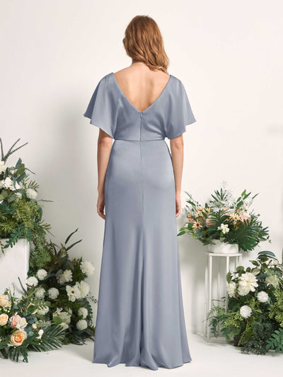 Carlyna Bailey A-Line Dusty Blue Satin Bridesmaid Dress Maxi Cap Sleeve V-Neck Dress Back View #color_dusty-blue