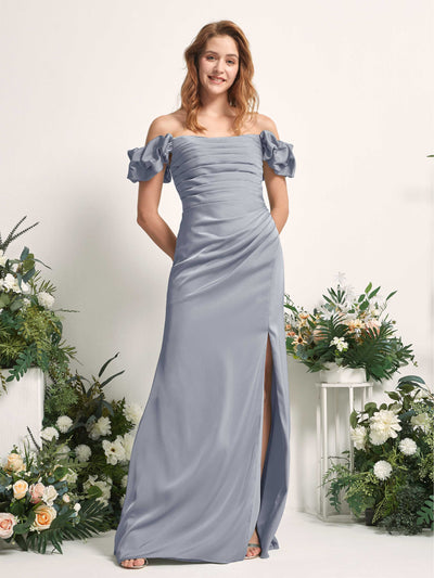 Carlyna Bianca Sheath Dusty Blue Satin Bridesmaid Dress Maxi Sleeveless Cowl Neck Dress Front View #color_dusty-blue