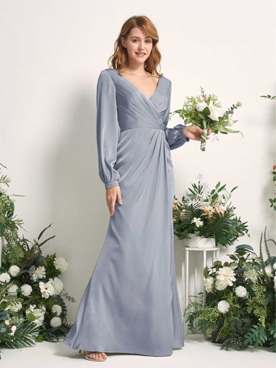 Carlyna Taylor Mermaid Dusty Blue Satin Bridesmaid Dress Maxi Long Sleeve V-Neck  #color_dusty-blue