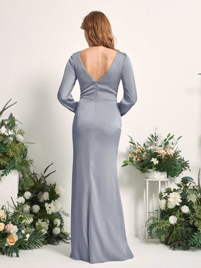 Carlyna Taylor Mermaid Dusty Blue Satin Bridesmaid Dress Maxi Long Sleeve V-Neck  #color_dusty-blue