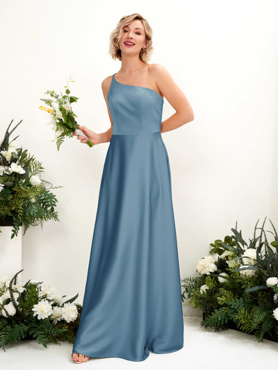 Carlyna Dinah A-Line Ink blue Satin Bridesmaid Dress Maxi Sleeveless One Shoulder Dress Front View #color_ink-blue