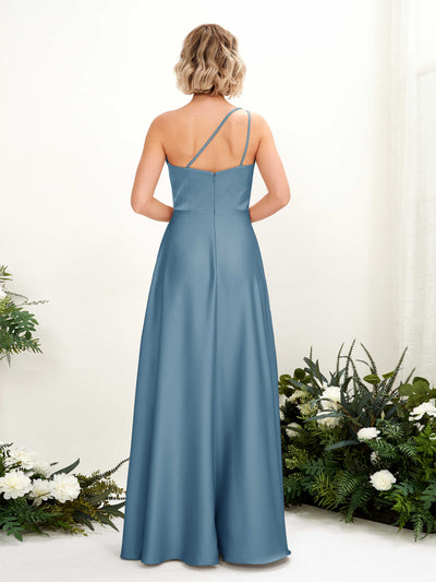 Carlyna Dinah A-Line Ink blue Satin Bridesmaid Dress Maxi Sleeveless One Shoulder Dress Back View #color_ink-blue