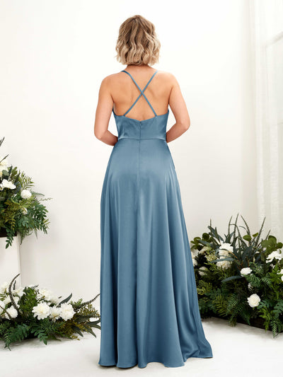 Carlyna Nydia A-Line Ink blue Satin Bridesmaid Dress Maxi Sleeveless Cowl Neck Dress #color_ink-blue