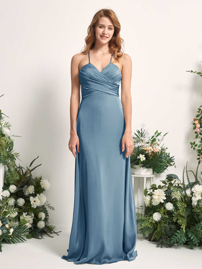 Carlyna Allison A-Line Ink blue Satin Bridesmaid Dress Maxi Sleeveless V-Neck Dress Front View #color_ink-blue