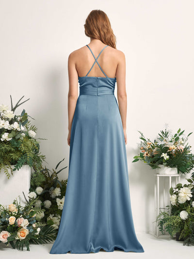 Carlyna Allison A-Line Ink blue Satin Bridesmaid Dress Maxi Sleeveless V-Neck Dress Back View #color_ink-blue