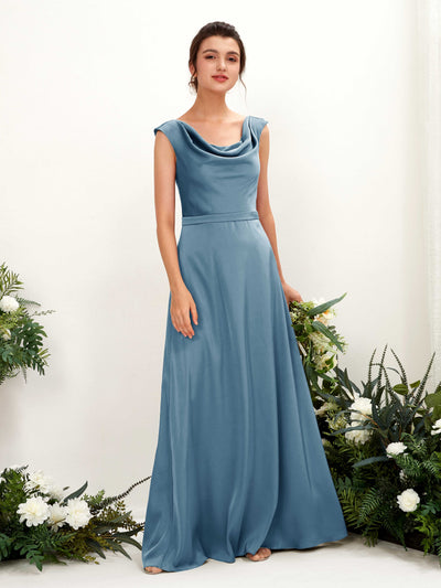 Carlyna Irma A-Line Ink blue Satin Bridesmaid Dress Maxi Sleeveless Cowl Neck Dress Front View #color_ink-blue